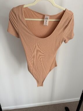Kittenish Short Sleeve Tan Cotton Ribbed Bodysuit